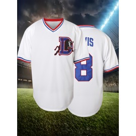 Men's #White8 Polyester Baseball Jersey, Embroidered Letter, V-Neck, Slight Stretch, Loose Fit, for Casual, Sports, Outdoor Activities, And Seasonal Celebrations, SizS--XXXL