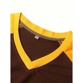 Men's Baseball Sweatshirt #19 - Brown V-Neck Polyester Pullover with Yellow '19' & Letter Design, Loose Fit for Casual, Team Sports, Outdoor Activities (S-3XL), Versatile Pullover, Relaxed Fit Top, Quality Stitching