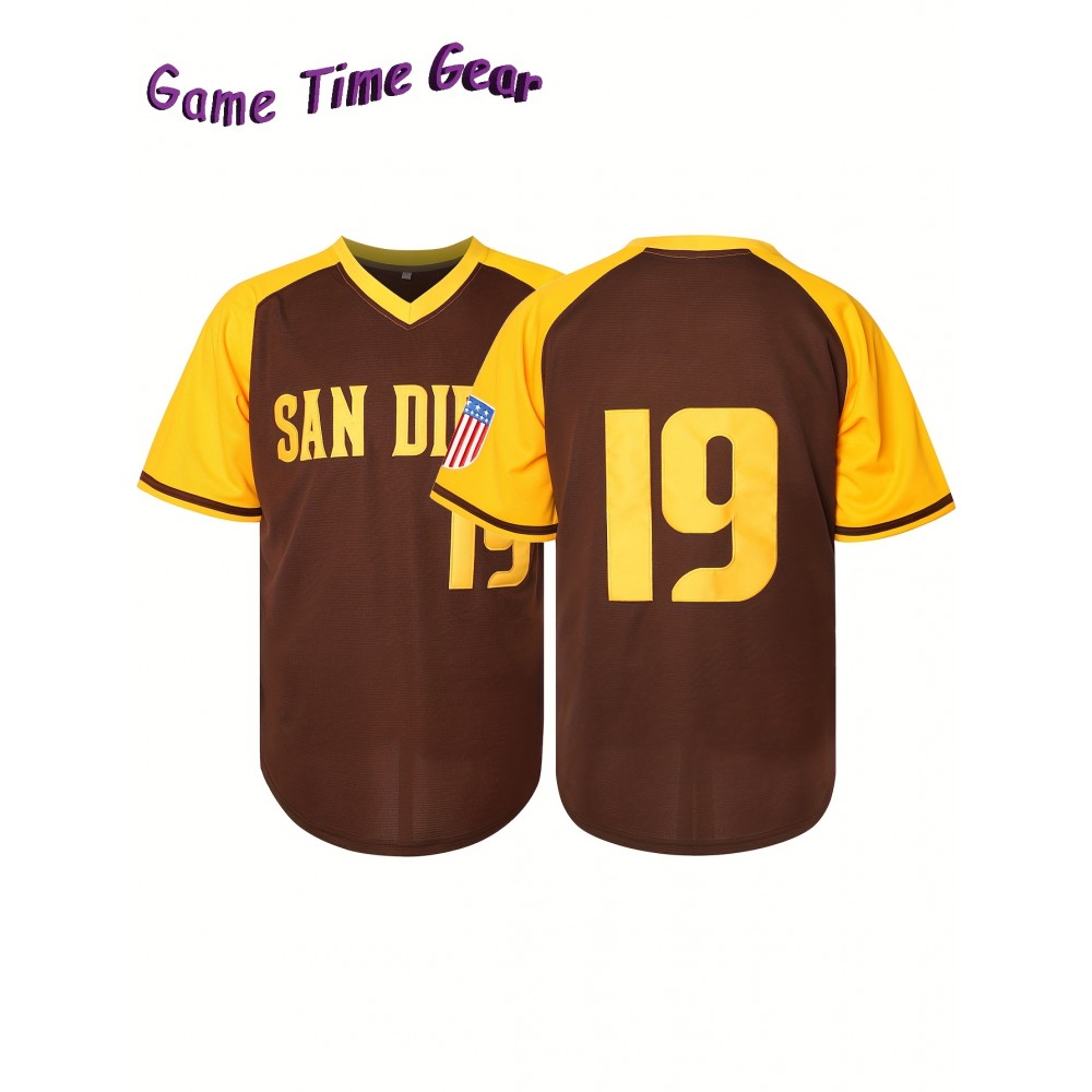 Men's Baseball Sweatshirt #19 - Brown V-Neck Polyester Pullover with Yellow '19' & Letter Design, Loose Fit for Casual, Team Sports, Outdoor Activities (S-3XL), Versatile Pullover, Relaxed Fit Top, Quality Stitching Men's Baseball Sweatshirt #19 - Brown V-Neck Polyester Pullover with Yellow '19' & Letter Design, Loose Fit for Casual, Team Sports, Outdoor Activities (S-3XL), Versatile Pullover, Relaxed Fit Top, Quality Stitching
