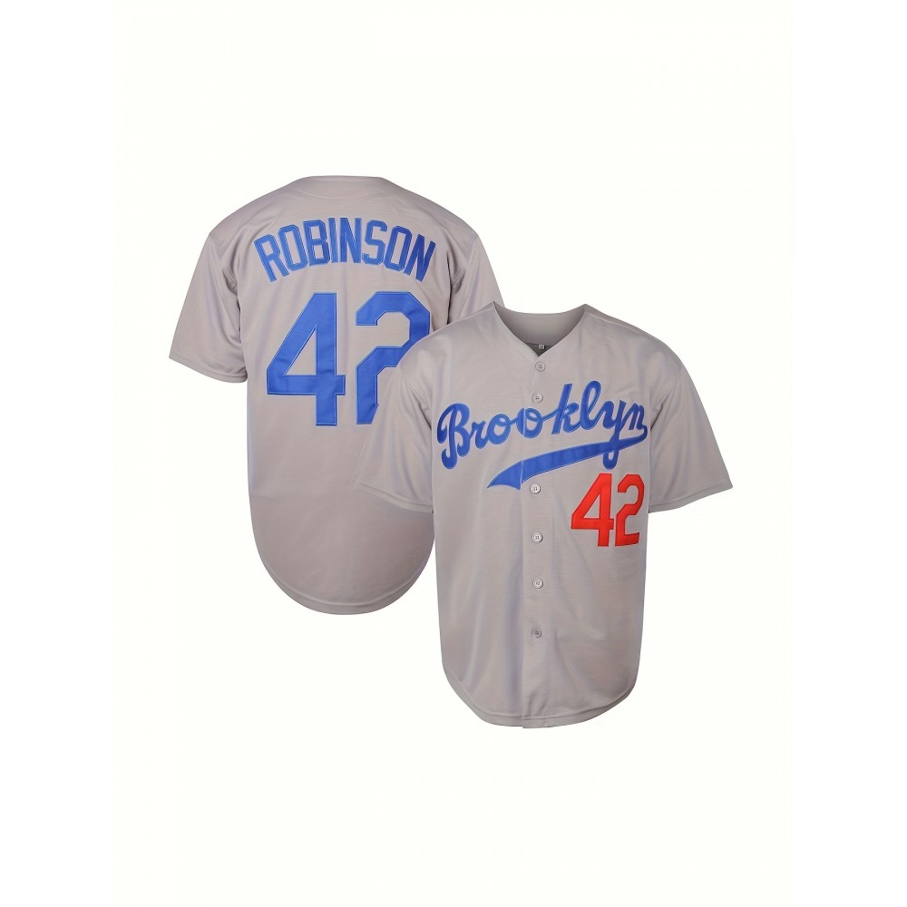 Men'S Retro Letter #42 Embroidery Design Short Sleeve V-neck Loose Button Up Shirt, Men'S Summer Baseball Jersey Men'S Retro Letter #42 Embroidery Design Short Sleeve V-neck Loose Button Up Shirt, Men'S Summer Baseball Jersey