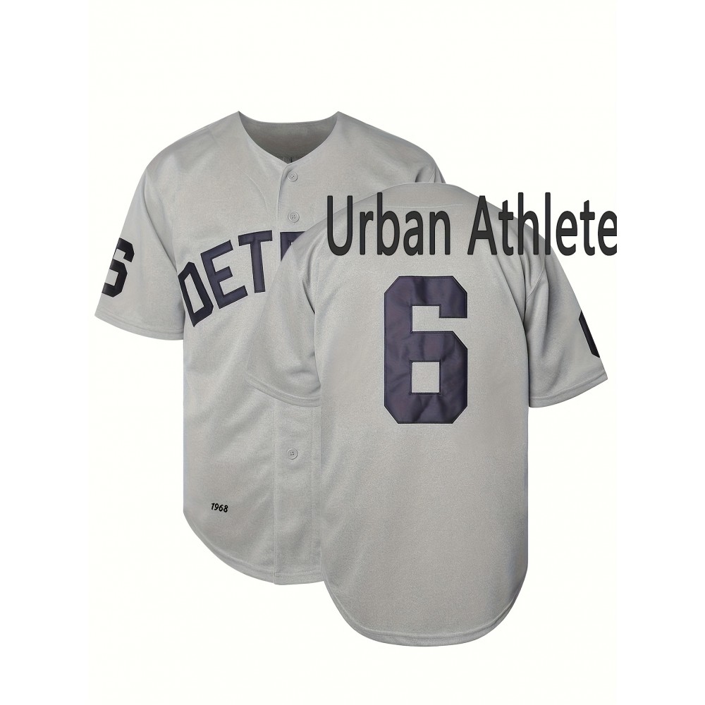 Men's Detroit 6 Embroidered Baseball Jersey - V-Neck Short Sleeve Button-Up Shirt with Bold Lettering & Number 6 Design, Loose Fit Polyester Top for Training, Casual Wear & Sports (Sizes S-3XL) Men's Detroit 6 Embroidered Baseball Jersey - V-Neck Short Sleeve Button-Up Shirt with Bold Lettering & Number 6 Design, Loose Fit Polyester Top for Training, Casual Wear & Sports (Sizes S-3XL)
