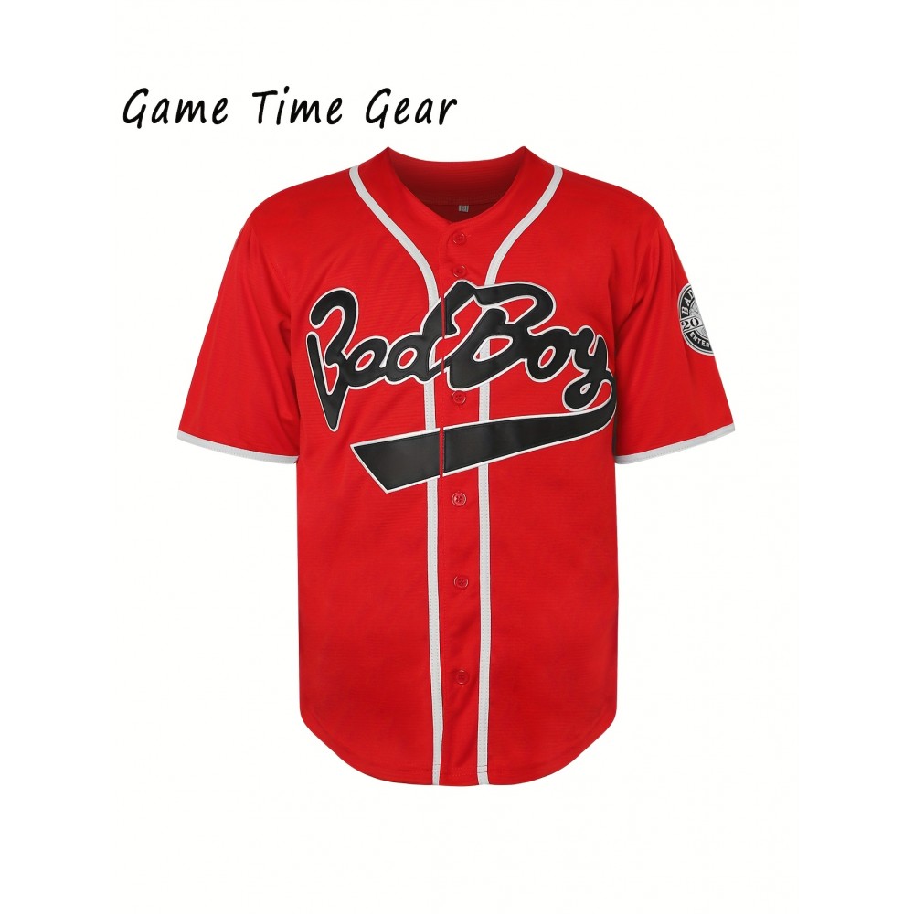 Men'S # 10 Red Baseball Shirt With Embroidered Letter V-neck Button Polyester Fiber Machine Washable - Perfect For Sports And Casual Size S-3XL Men'S # 10 Red Baseball Shirt With Embroidered Letter V-neck Button Polyester Fiber Machine Washable - Perfect For Sports And Casual Size S-3XL