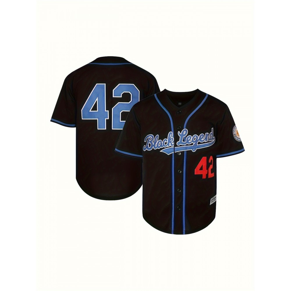 Men'S #42 Letter Embroidery Short Sleeve V-neck Loose Button Up Shirt, Men'S Summer Retro Casual Baseball Jersey, Party And Festival Men'S #42 Letter Embroidery Short Sleeve V-neck Loose Button Up Shirt, Men'S Summer Retro Casual Baseball Jersey, Party And Festival