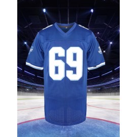 Men's #69 Embroidered Blue Football Jersey - Breathable V-Neck Sports Top with 