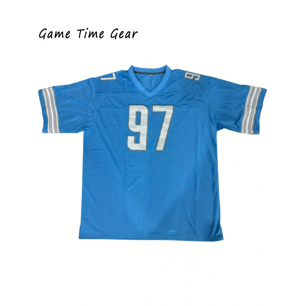 Men's #97 Blue Embroidered Rugby Jersey - 100% Polyester V-Neck Sportswear with Slight Elastic Fabric, Loose Fit for Casual & Team Sports, Machine Washable, Sizes S-3XL for Adults & Teens Men's #97 Blue Embroidered Rugby Jersey - 100% Polyester V-Neck Sportswear with Slight Elastic Fabric, Loose Fit for Casual & Team Sports, Machine Washable, Sizes S-3XL for Adults & Teens