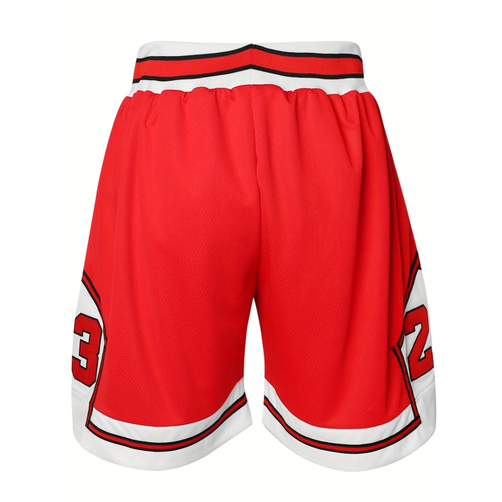 Men's #23 Embroidered Basketball Shorts - Breathable Polyester, Red & White Design, Elastic Waistband with Drawstring, Machine Washable, Perfect for Sports, Outdoor Activities & Casual Wear Men's #23 Embroidered Basketball Shorts - Breathable Polyester, Red & White Design, Elastic Waistband with Drawstring, Machine Washable, Perfect for Sports, Outdoor Activities & Casual Wear