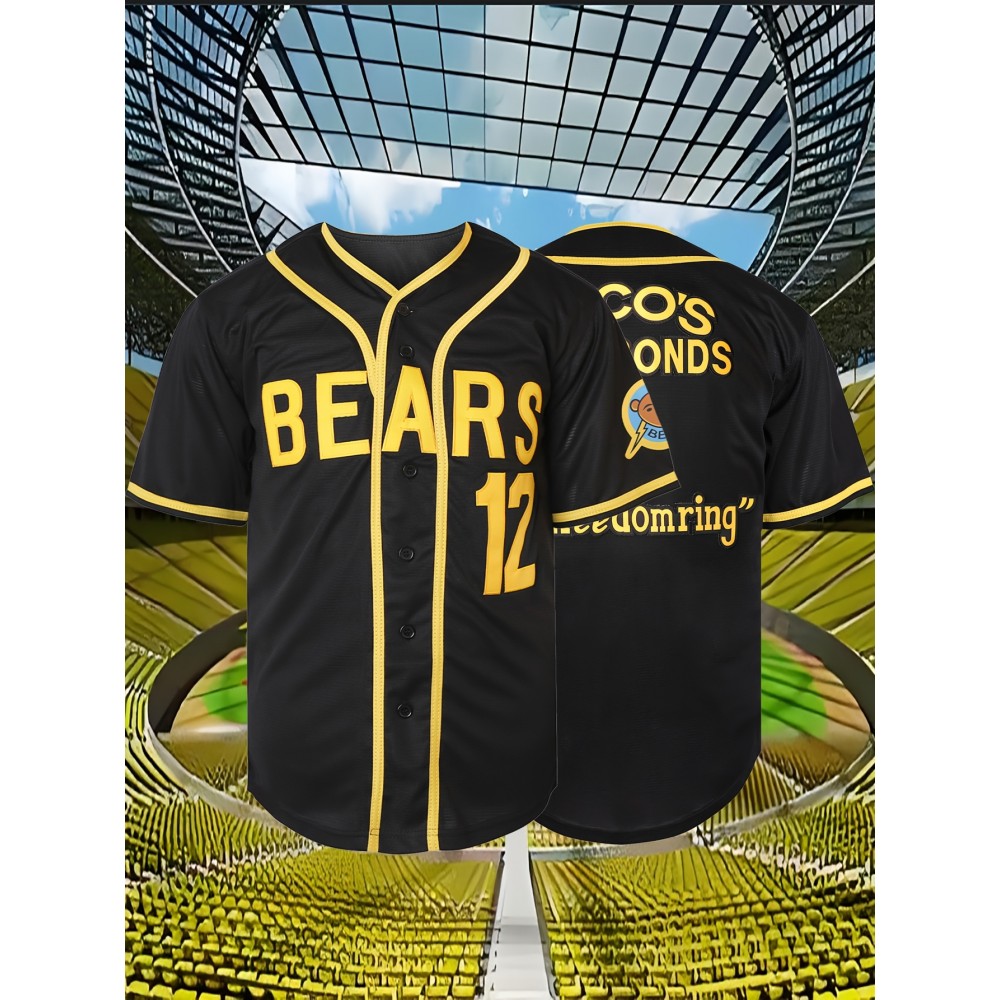Men'S#12 Baseball Jersey, V-Neck Polyester Sports Top With Slight Stretch, Loose Fit With Button Closure, Letter And Number Pattern, Breathable Comfort For Training, Casual, Beach, Hiking - Sizes S-3XL Men'S#12 Baseball Jersey, V-Neck Polyester Sports Top With Slight Stretch, Loose Fit With Button Closure, Letter And Number Pattern, Breathable Comfort For Training, Casual, Beach, Hiking - Sizes S-3XL