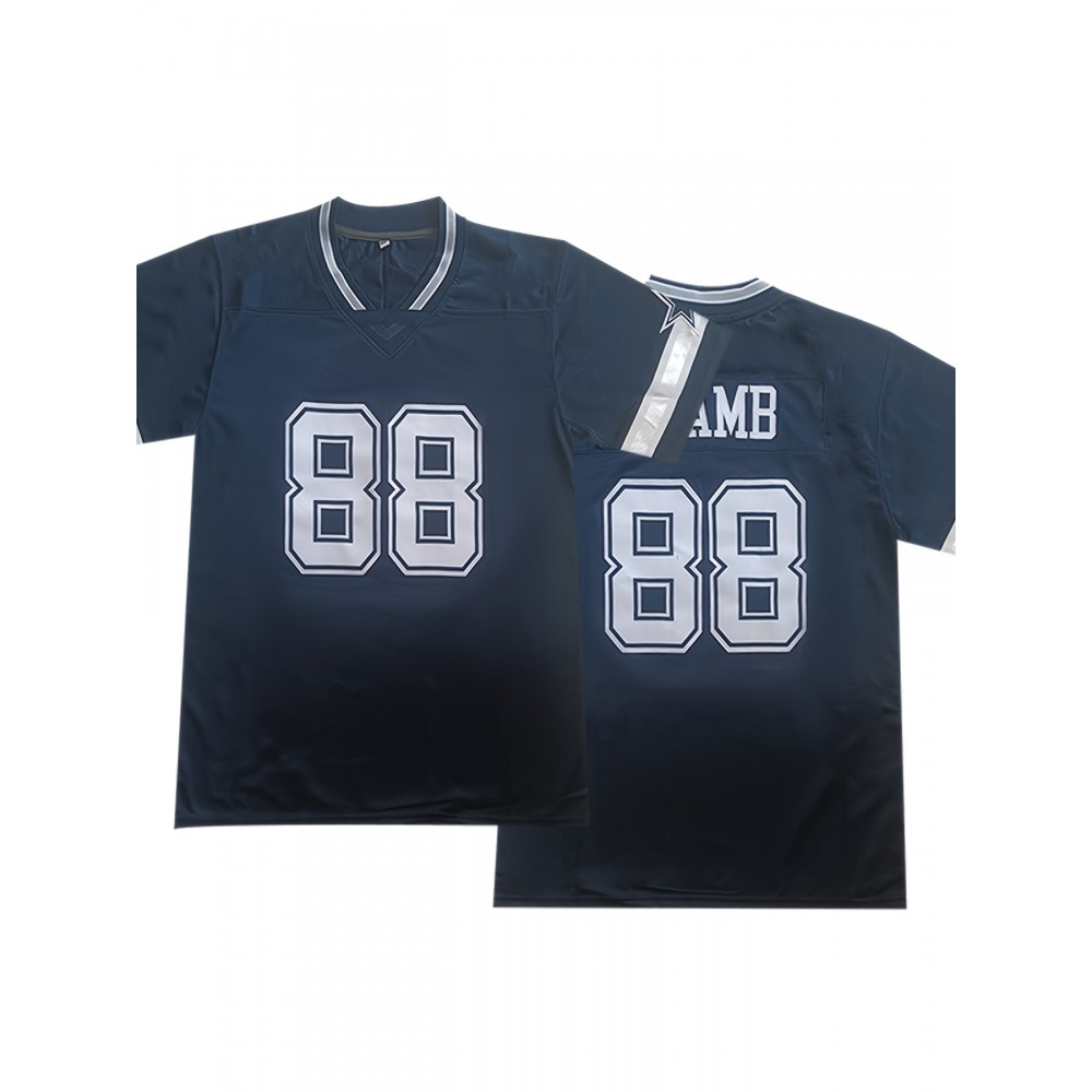 Men'S #88 Blue Breathable Rugby Jersey - V-Neck, Short Sleeve, Classic Embroidered American Football Shirt for Training & Sports Men'S #88 Blue Breathable Rugby Jersey - V-Neck, Short Sleeve, Classic Embroidered American Football Shirt for Training & Sports
