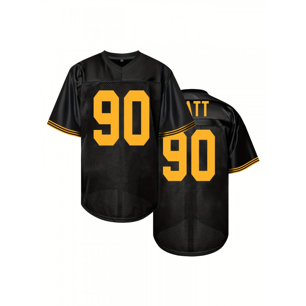 Men's Black #90 Breathable Polyester Rugby Shirt - V-Neck Embroidered American Football Jersey, Loose Fit All-Season Training Top for Hiking, Outdoor & Casual Wear, Embroidered Detailing Men's Black #90 Breathable Polyester Rugby Shirt - V-Neck Embroidered American Football Jersey, Loose Fit All-Season Training Top for Hiking, Outdoor & Casual Wear, Embroidered Detailing