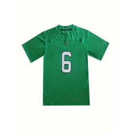 Men's #6 Green Breathable Rugby Jersey - Embroidered V-Neck Short Sleeve, Loose Fit Polyester Shirt for Training, Casual & Outdoor Wear, Machine Washable, All-Season Comfort, Sports Training Gear, Embroidered Detailing