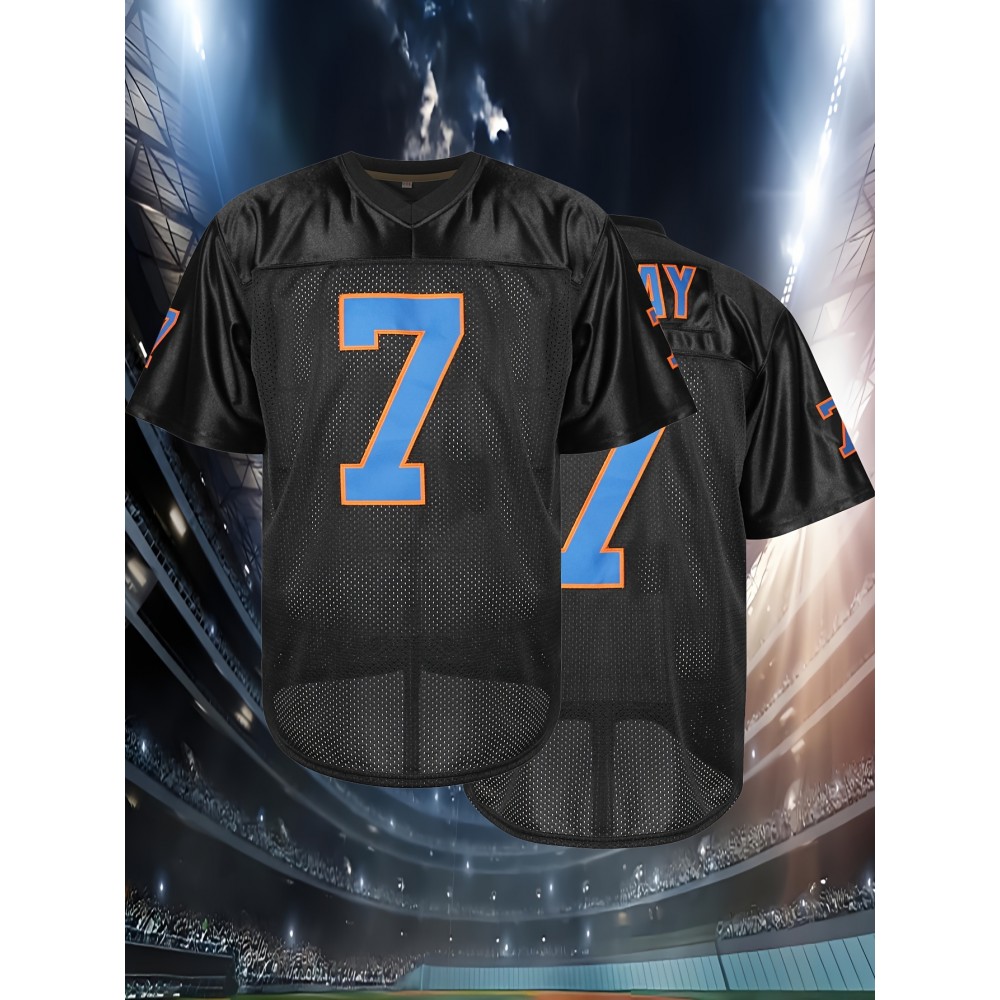 Men's #7 NYC Rugby Jersey - Breathable & Comfortable V-Neck Sports Shirt for Training, Casual Wear & Outdoor Activities, Sizes S-3XL, Black with Orange & Blue Accents Men's #7 NYC Rugby Jersey - Breathable & Comfortable V-Neck Sports Shirt for Training, Casual Wear & Outdoor Activities, Sizes S-3XL, Black with Orange & Blue Accents