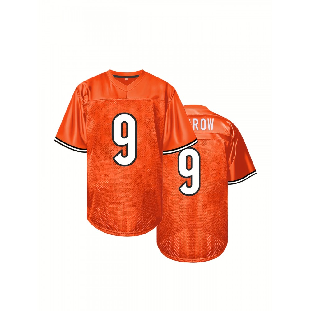 Men'S #9 Orange Embroidered American Football Jersey - V-Neck, Short Sleeve, Breathable Polyester Rugby Shirt for Training, Running & Outdoor Sports Men'S #9 Orange Embroidered American Football Jersey - V-Neck, Short Sleeve, Breathable Polyester Rugby Shirt for Training, Running & Outdoor Sports
