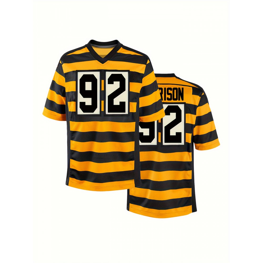 Men'S Yellow #92 Rugby Shirt, Breathable V-Neck Short Sleeve Training Top, Classic Embroidered American Football Jersey, Polyester Knit, Sports Casual, Running, Training, Hiking, Outdoor, Party, Loose Fit, Adult & Youth Unisex Men'S Yellow #92 Rugby Shirt, Breathable V-Neck Short Sleeve Training Top, Classic Embroidered American Football Jersey, Polyester Knit, Sports Casual, Running, Training, Hiking, Outdoor, Party, Loose Fit, Adult & Youth Unisex