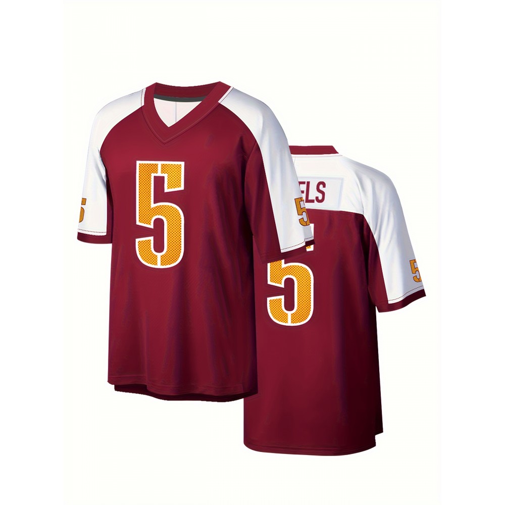 Men's Red #5 Breathable Rugby Jersey - V-Neck Short Sleeve Embroidered American Football Shirt, Loose Fit All-Season Training Top for Sports, Outdoor & Casual Wear, Durable Sports Fabric Men's Red #5 Breathable Rugby Jersey - V-Neck Short Sleeve Embroidered American Football Shirt, Loose Fit All-Season Training Top for Sports, Outdoor & Casual Wear, Durable Sports Fabric