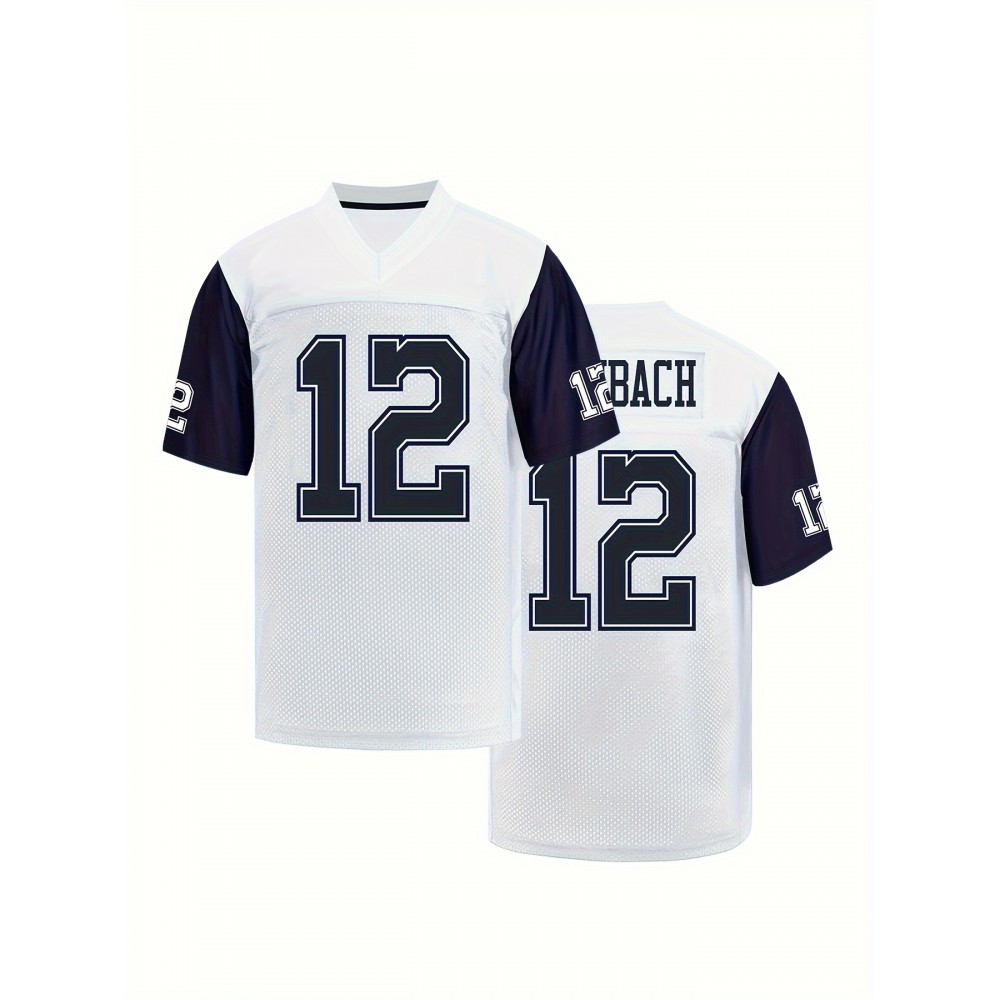 Men'S #12 Breathable Rugby Jersey - White & Navy Blue V-Neck, Short Sleeve with Classic Embroidery, Polyester Mesh Fabric for Training & Sports, Rugby Accessories Men'S #12 Breathable Rugby Jersey - White & Navy Blue V-Neck, Short Sleeve with Classic Embroidery, Polyester Mesh Fabric for Training & Sports, Rugby Accessories