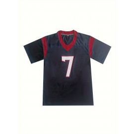 Men'S Blue #7 Rugby Shirt, Breathable V-Neck Short Sleeve Training Top, Classic Embroidered American Football Jersey, Polyester Knit, Sports Casual, Running, Training, Hiking, Outdoor, Party, Loose Fit, Adult & Youth Unisex