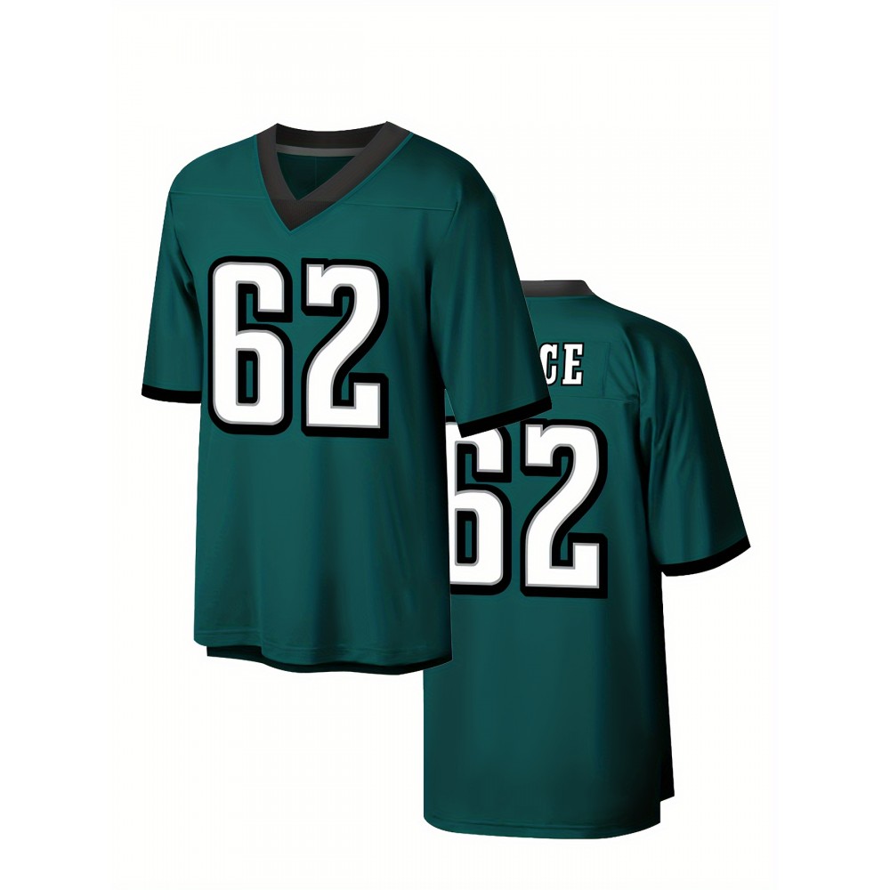 Men's Green #62 Embroidered Rugby Shirt - Breathable Polyester V-Neck Short Sleeve, Loose Fit Athletic Top for Training, Running & Outdoor Activities - All-Season Casual Wear for Adults & Teens, Sports Training Gear, Durable Sportswear Men's Green #62 Embroidered Rugby Shirt - Breathable Polyester V-Neck Short Sleeve, Loose Fit Athletic Top for Training, Running & Outdoor Activities - All-Season Casual Wear for Adults & Teens, Sports Training Gear, Durable Sportswear