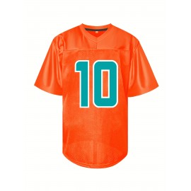 Men'S Orange #10 Polyester Rugby Shirt, Breathable V-Neck Short Sleeve Training Top, Classic Embroidered American Football Jersey, Sports Casual Wear for Adults, Teens, and All Genders