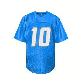 Men's Blue #10 Breathable Polyester Rugby Shirt - Embroidered V-Neck Short Sleeve Jersey, Loose Fit All-Season Training Top for American Football, Casual & Outdoor Sports (Adults & Teens)
