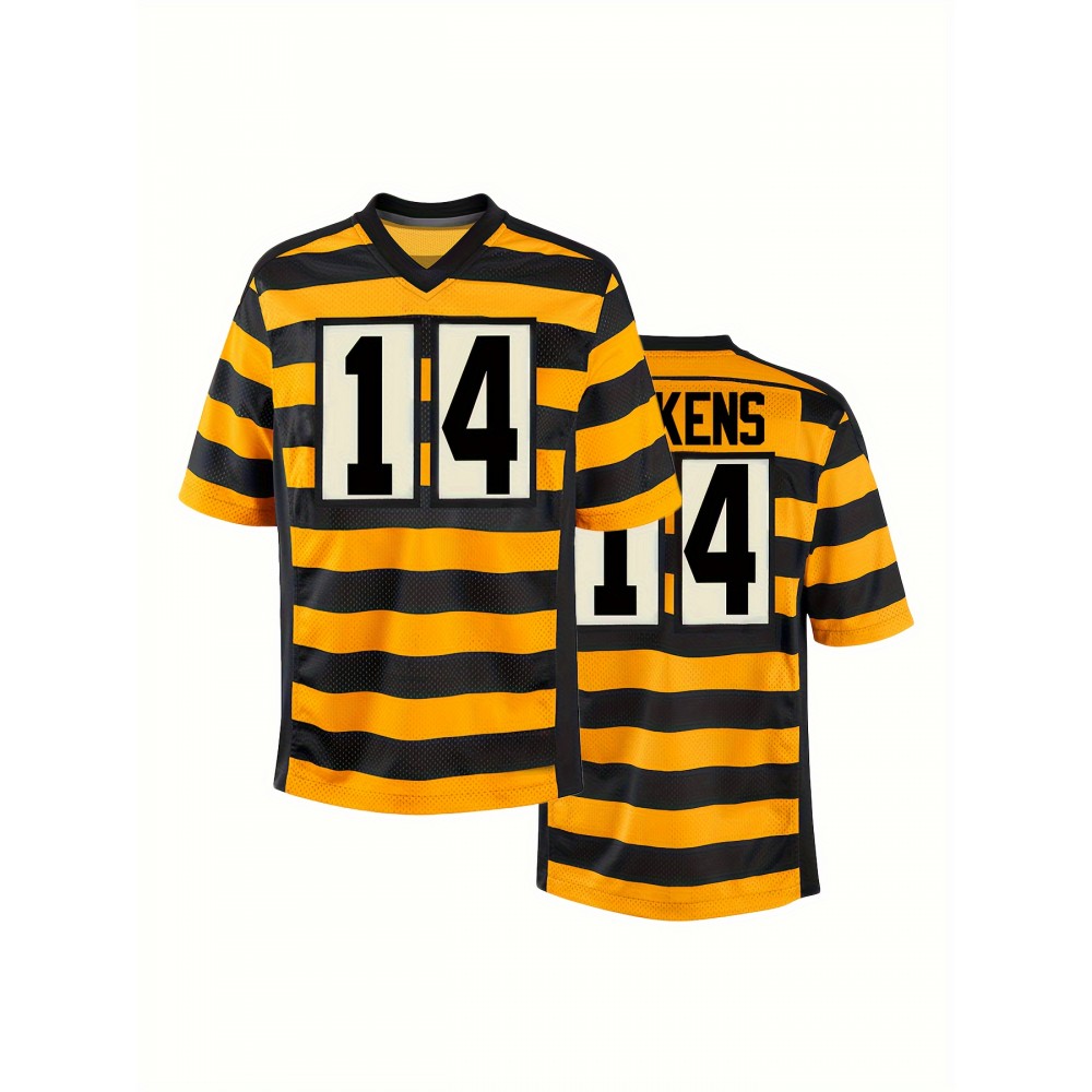 Men's Yellow #14 Rugby Shirt - Breathable V-Neck Short Sleeve with Embroidered Lettering, 100% Polyester Loose Fit Training & Casual Shirt for All Seasons, Outdoor Activities, Parties - Machine Washable Men's Yellow #14 Rugby Shirt - Breathable V-Neck Short Sleeve with Embroidered Lettering, 100% Polyester Loose Fit Training & Casual Shirt for All Seasons, Outdoor Activities, Parties - Machine Washable