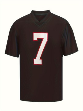 Men's Black #7 Embroidered Rugby Shirt - Breathable 100% Polyester V-Neck Jersey, Loose Fit Athletic Top for Running, Training, Hiking & Outdoor Activities - All-Season Machine Washable Sportswear for Adults & Teens