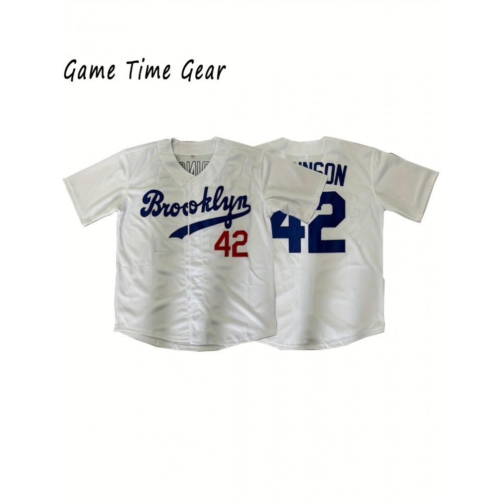 42 White Baseball Jersey Embroidered Men'S Polyester V-neck Button Up Baseball Shirt S-3XL 42 White Baseball Jersey Embroidered Men'S Polyester V-neck Button Up Baseball Shirt S-3XL