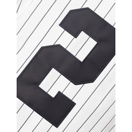 Men'S Black And White Striped # 2 Baseball Shirt With Classic Letter Embroidery Design, Breathable Button Style Short Sleeved Shirt Suitable For Training And Competition S-3XL