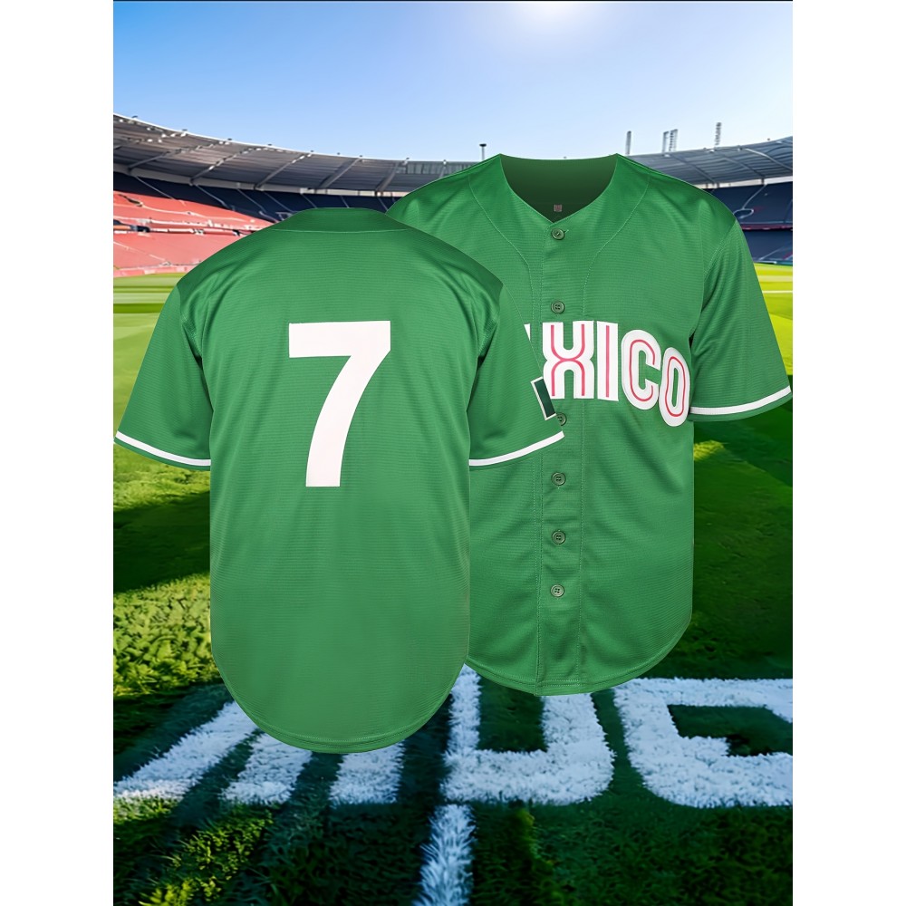 Men's V-Neck Baseball Jersey with Embroidered Green Men's V-Neck Baseball Jersey with Embroidered Green