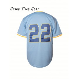 Men's #22 Embroidered Baseball Jersey - Light Blue V-Neck, Breathable & Durable for Training, Casual Wear, and Fans, Perfect for Game Day or Everyday Use, Outdoor Activewear | Striped Sports Jersey | Embroidered Detailing