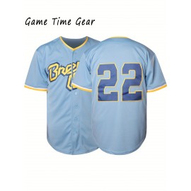 Men's #22 Embroidered Baseball Jersey - Light Blue V-Neck, Breathable & Durable for Training, Casual Wear, and Fans, Perfect for Game Day or Everyday Use, Outdoor Activewear | Striped Sports Jersey | Embroidered Detailing