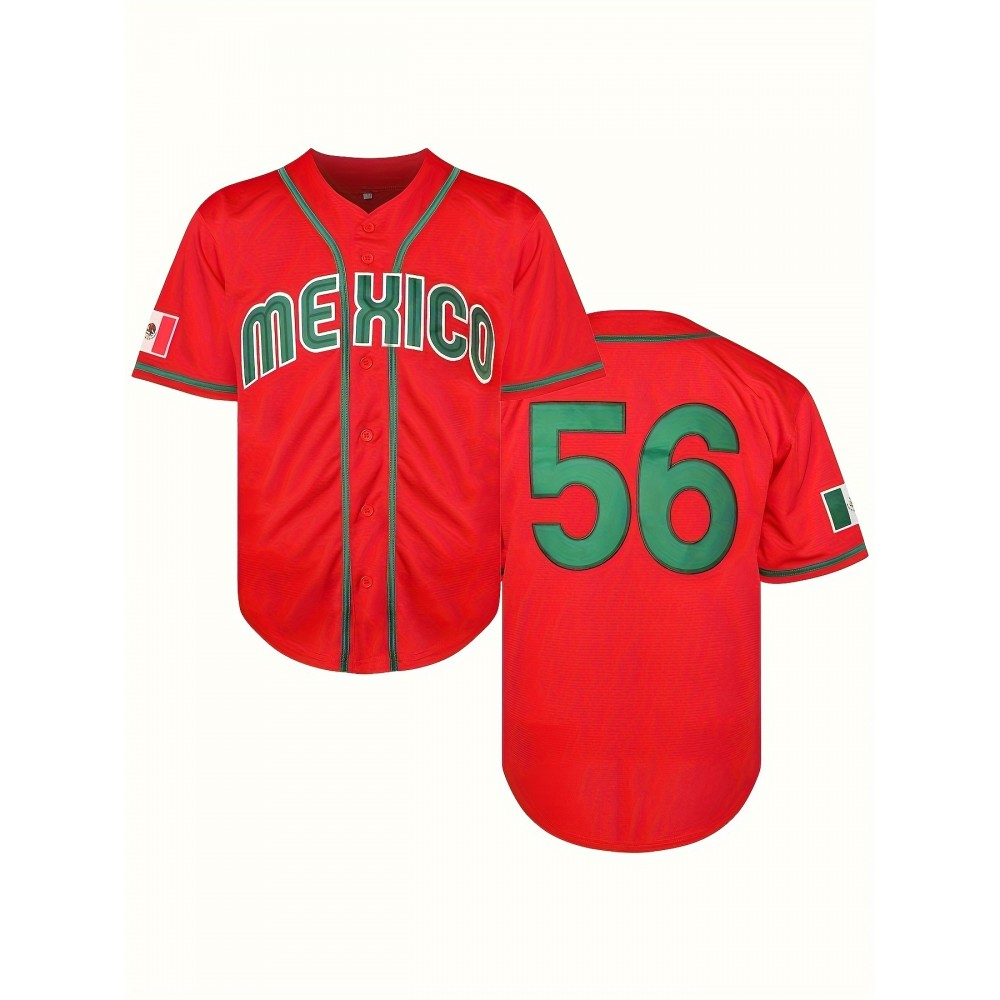 Men'S Classic Red Mexico 56 Baseball Jersey - V-Neck, Short Sleeve, Polyester - Ideal for Sports, Parties & Casual Wear Men'S Classic Red Mexico 56 Baseball Jersey - V-Neck, Short Sleeve, Polyester - Ideal for Sports, Parties & Casual Wear