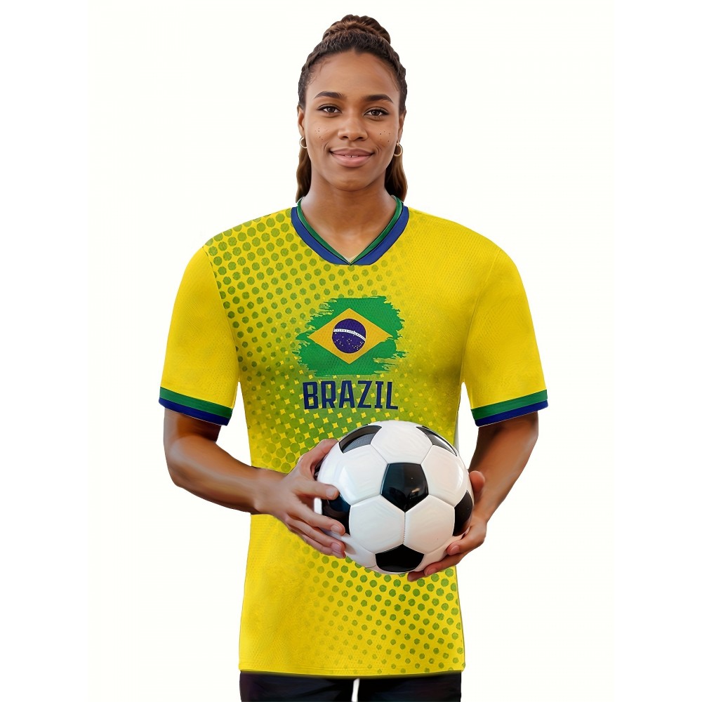Women's Large Size Professional Sports Fabric Creative Pattern Print Brazil Home Soccer Jersey T-shirt, Soccer Jersey Flag Uniforms Shirts Breathable And Lightweight, Moisture-Wicking, As Gifts For Sports Fans