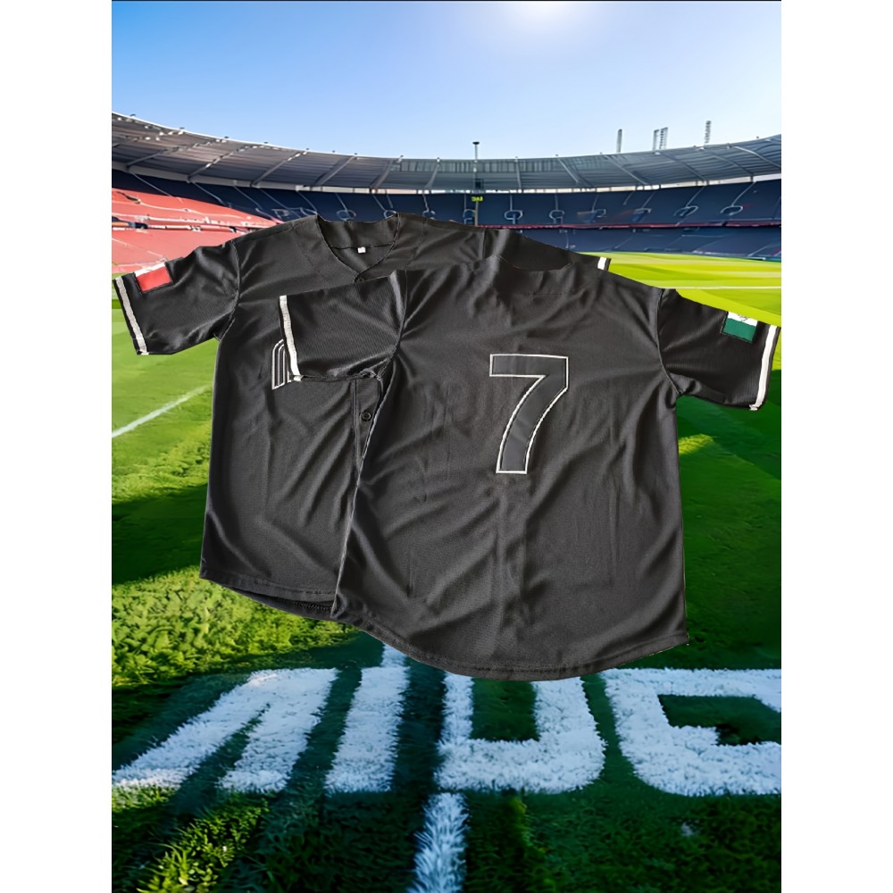 Men'S V-neck Baseball Jersey With Double Needle, Black, 7 Embroidered Letters, Polyester Knit Fabric Buttons Men'S V-neck Baseball Jersey With Double Needle, Black, 7 Embroidered Letters, Polyester Knit Fabric Buttons
